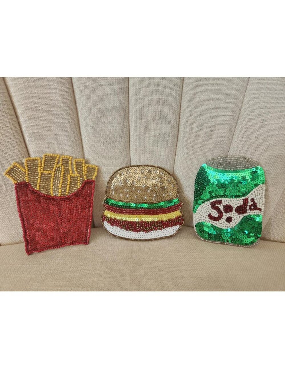 4" NEW set 3 World Market COASTERS beaded sequin BURGERS & FRIES junk fast food